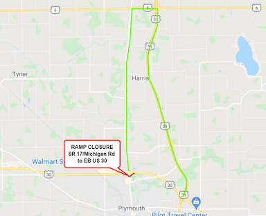 Culvert work to close ramp from SR 17 to US 30